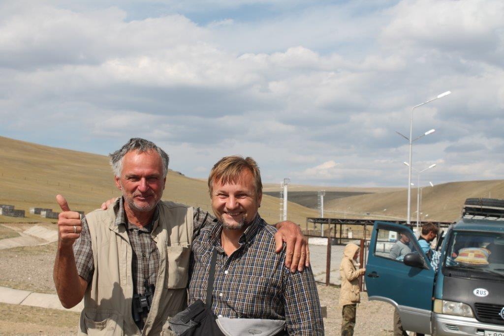 Prof. Friedrich Lutz (HSWT, former summer school co-organizer on the German side) with P.B. The photo was taken just after crossing the border into Mongolia for the first time in 2015, when we decided to include Mongolia in the summer school program Frieder & P.B.